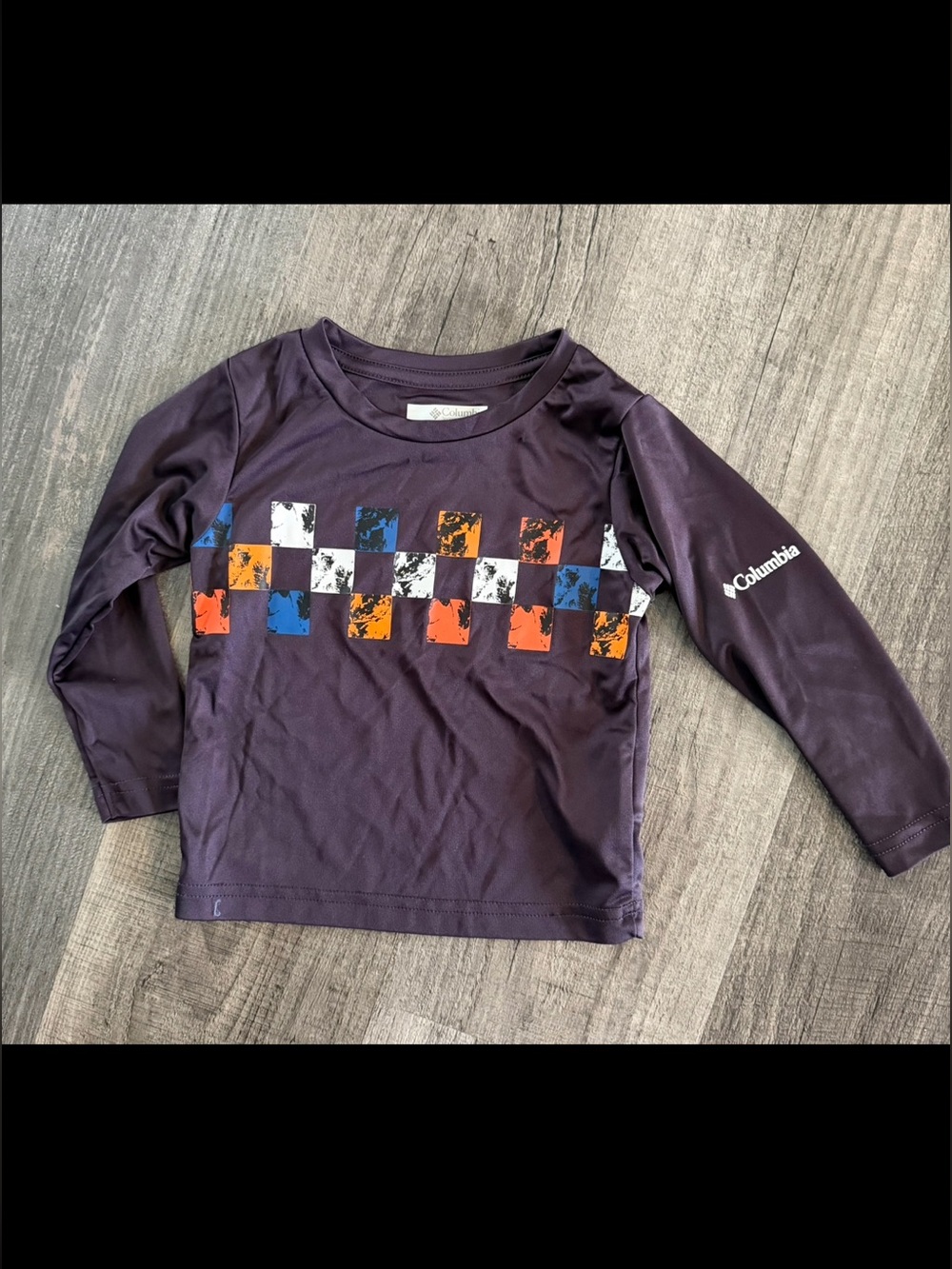 Columbia Grey Long-Sleeve Orange, Blue & White Checkerboard Tee